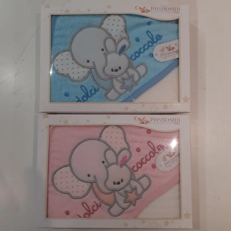 Accappatoio Triangolo Neonato/a Azzurro-Rosa Ricamato 100% Cotone Preziosini
