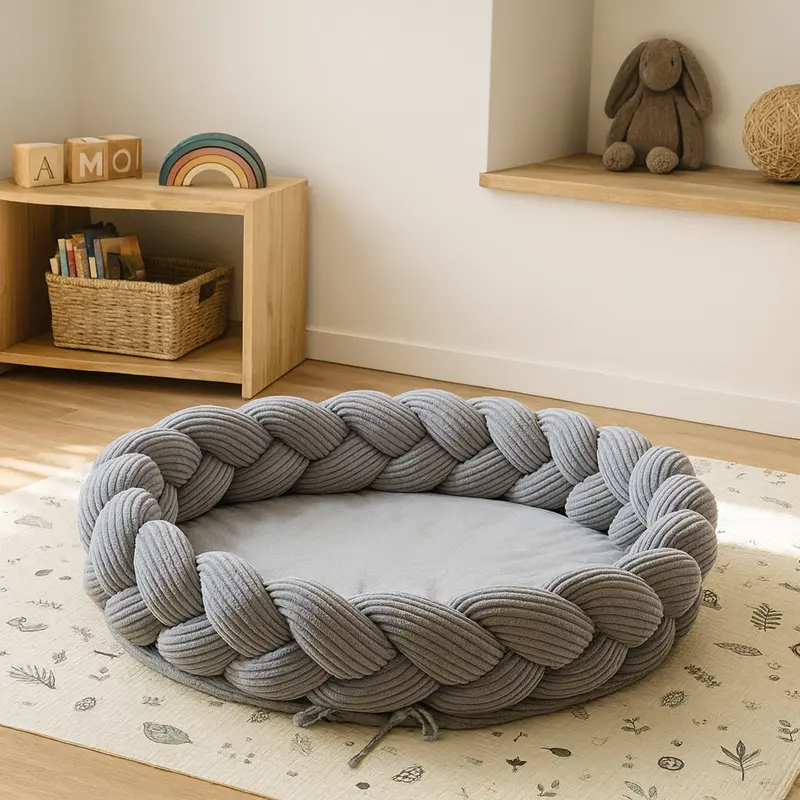 Baby Nest & Play Mat With Crib Bumper Braid - Grey