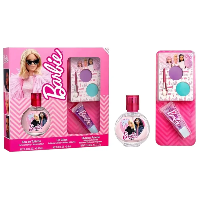 BARBIE confezione trucco e Eau de Toilette 30ml profumo fruttato floreale, lucidalabbra e palette di ombretti
