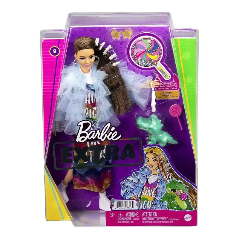 Barbie Extra Bambola Castana Vestito Arcobaleno e Giacca Azzurra GYJ78
