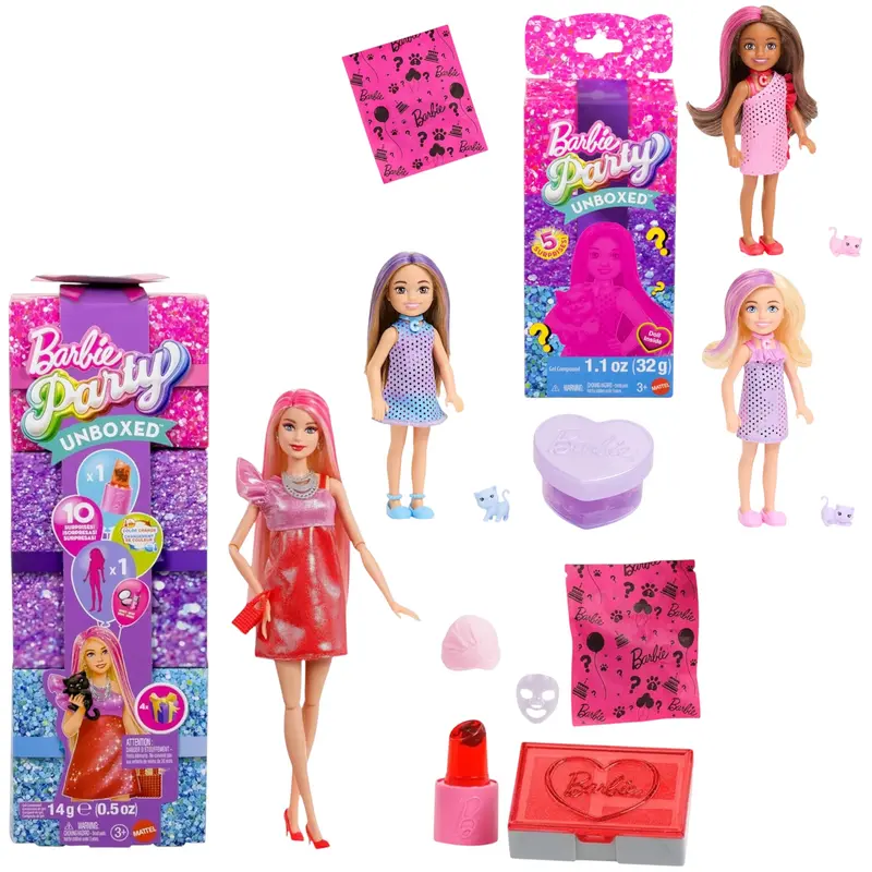 Barbie Set 2 Bambole Party Surprise & Chelsea Festa Glamour con Sorprese e Cucciolo Effetto Cambia Colore