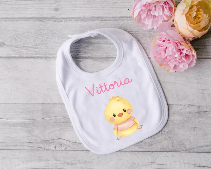 Bavaglino in Cotone organico Pulcino Rosa personalizzabile