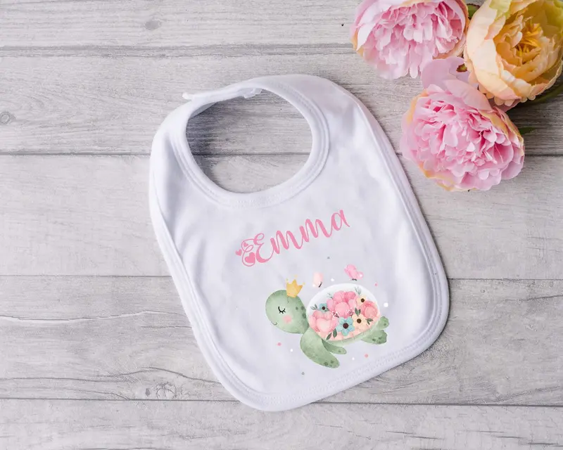 Bavaglino in Cotone organico Tartaruga Fiori personalizzabile