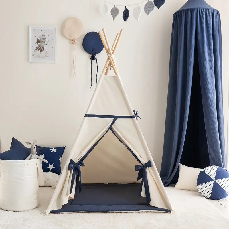 Beige & Navy Blue Teepee Tent - Biluza Kids Tent