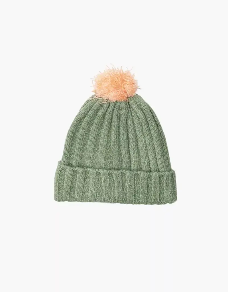 Berretto lavorato a maglia verde Barry con pompon arancione