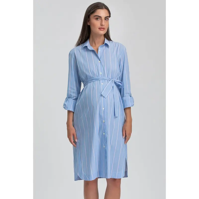 BIANCA - Abito Camicia Premaman e Allattamento in Cotone a Righe