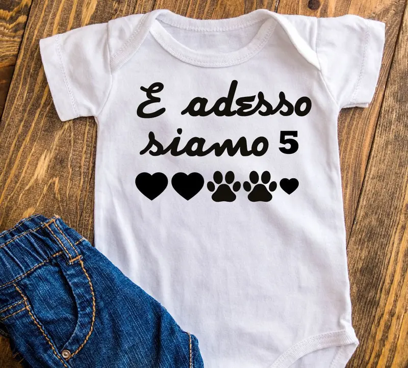 Body 100% cotone idea regalo nascita adesso siamo in 5 zampe
