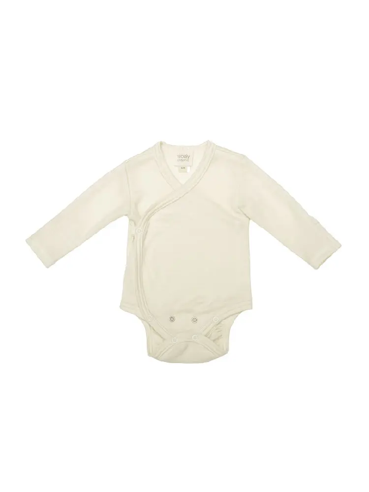 Body Neonato a Incrocio Kimono in Lana Merino e Seta a Manica Lunga