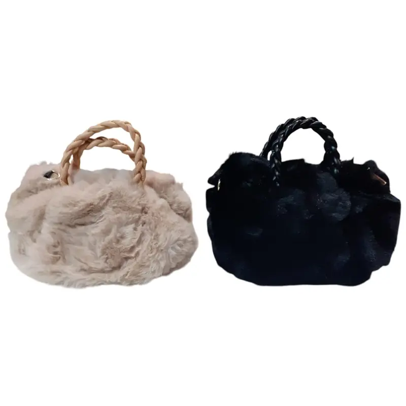 Borsa a Mano Effetto Pelliccia Sintetica e Chiusura Lampo Dorata