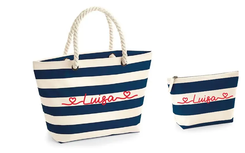Borsa e pochette in cotone canvas a righe Blu personalizzabile