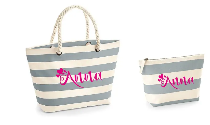 Borsa e pochette in cotone canvas a righe Grigio personalizzabile