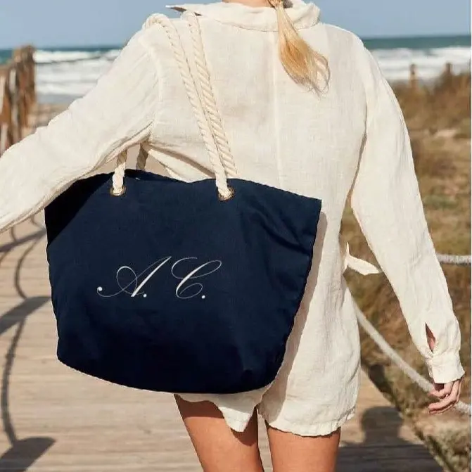 Borsa mare in cotone con manici intrecciati personalizzabile