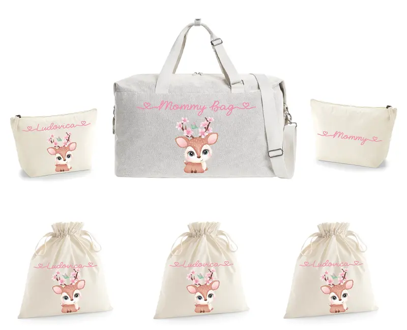 Borsone Mamma Ospedale Neonato – Set Completo con Pochette Cerbiatta fiori di Pesco