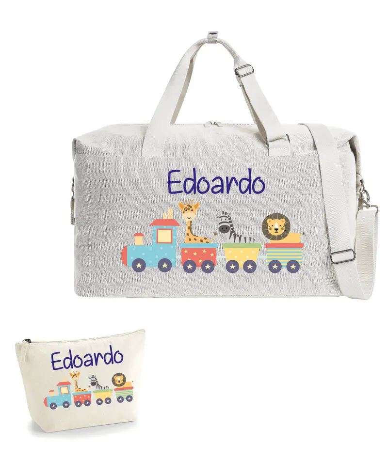 Borsone Mamma per Ospedale e Nascita – Mommy Bag Personalizzabile con Nome Trenino e pochette abbinata