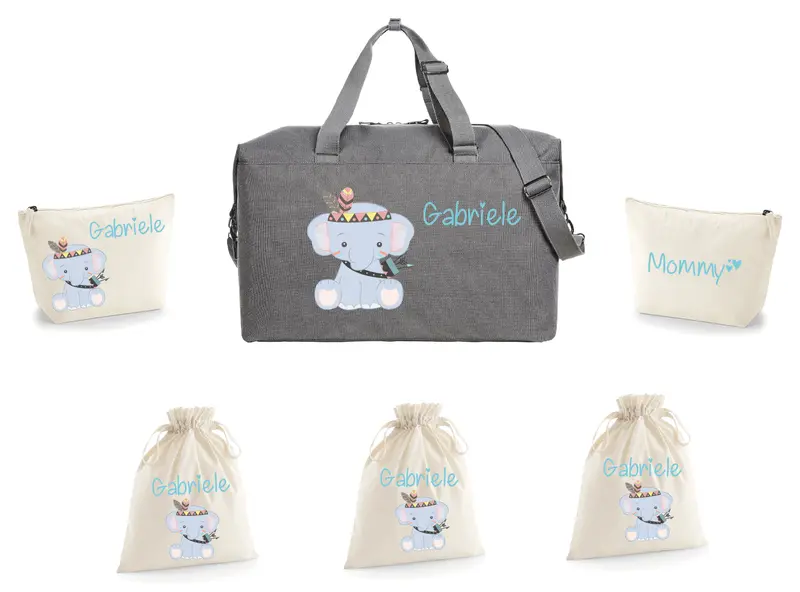 Borsone Parto Neonato – Set Completo Personalizzato Elefantino Indiano