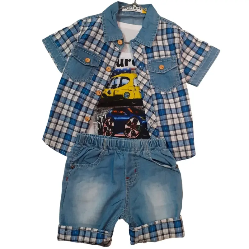Bouny Baby Completo Bambino 3 Pezzi Camicia T-Shirt Pantaloncini In Jeans Corto