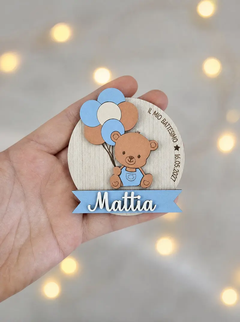 Calamita Battesimo in Legno con Orsetto e Palloncini, Personalizzata