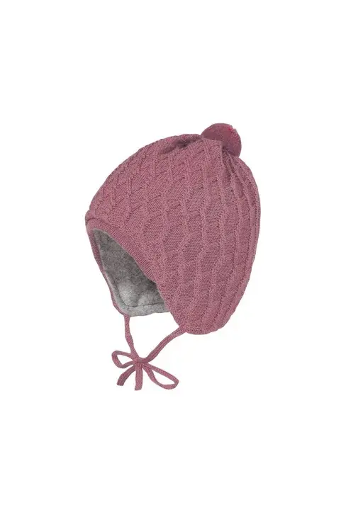 Cappellino in lana merino con treccia e pompon