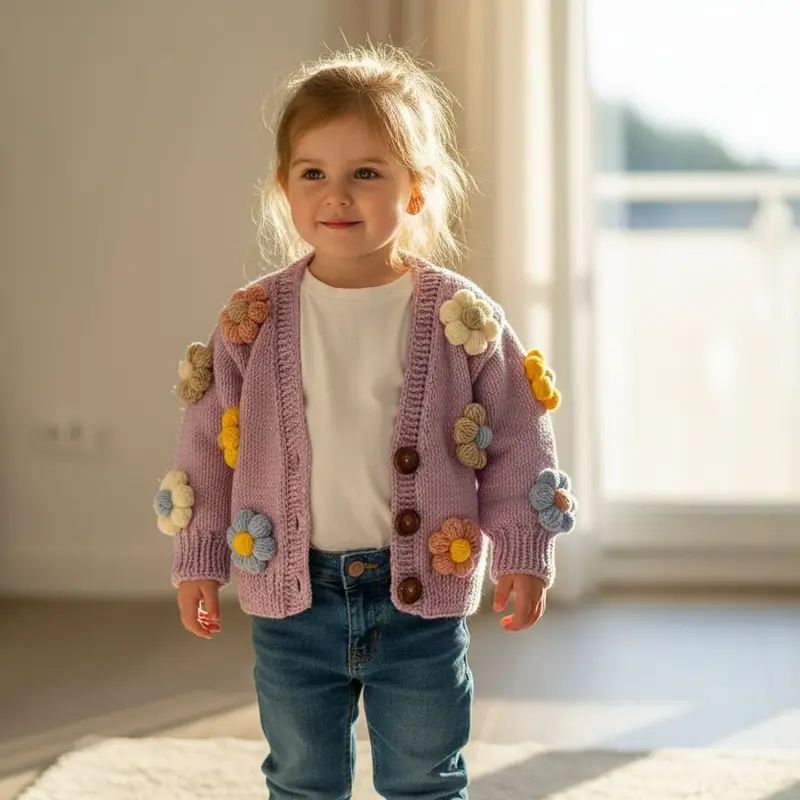 Cardigan per Bambina Fatto a Mano a Maglia con Fiori di Margherita