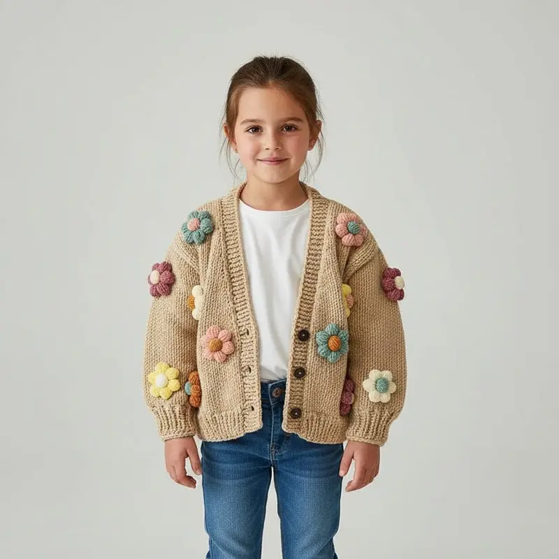 Cardigan per Bambina Fatto a Mano a Maglia con Fiori di Margherita