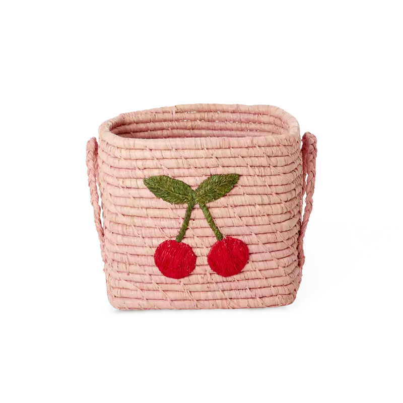 Cesto Quadrato Piccolo in Raffia Rice Rosa con Ciliegie Ricamate – Contenitore Decorativo