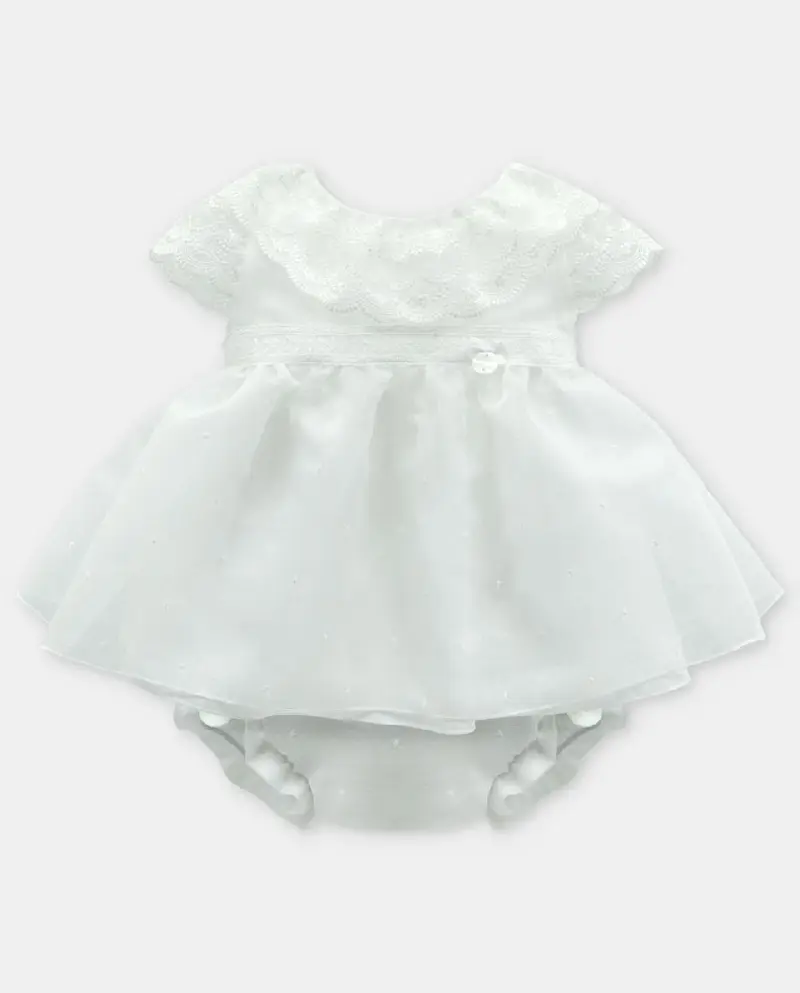 Completo Vestitino e Culotte Neonata con Ricami Plumetis