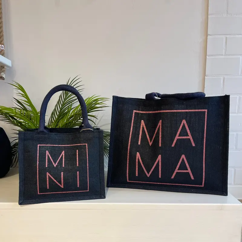 Coppia borse juta Blu Navy Mama Mini matchy-matchy