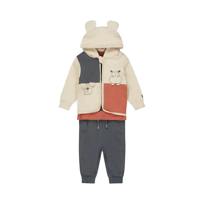 Dirkje Completo Neonato 3 Pezzi T-Shirt Marrone Maglione Cappuccio e Pantaloni