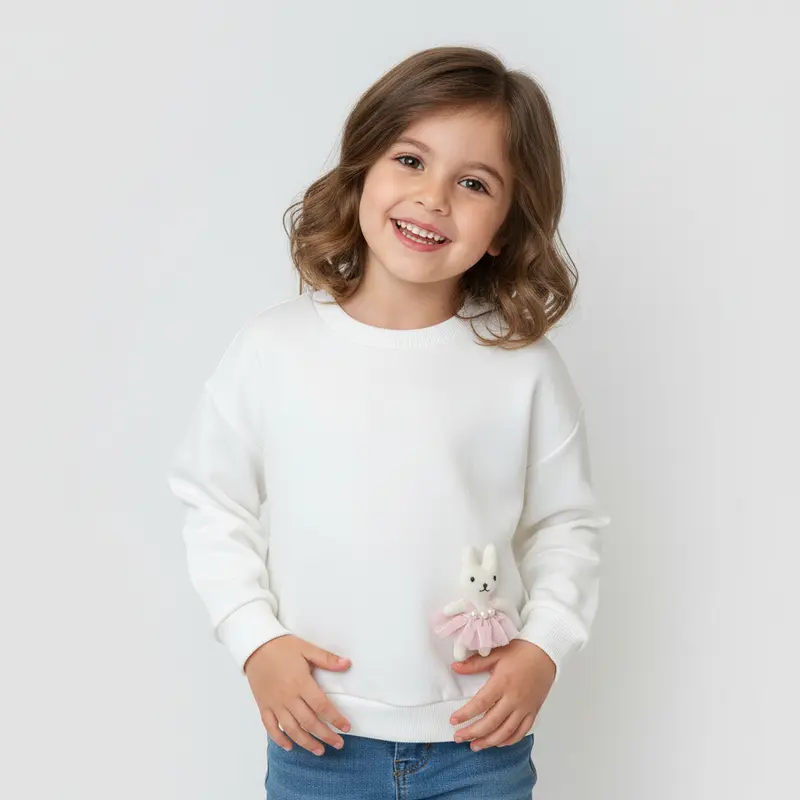 Felpa bianca bambina con coniglietto applicato – dolce e versatile