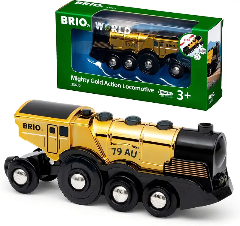 Grande locomotiva dorata con azioni