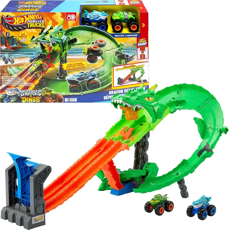 Hot Wheels Monster Truck - Set Pista Demolizione del Drago con 2 macchinine