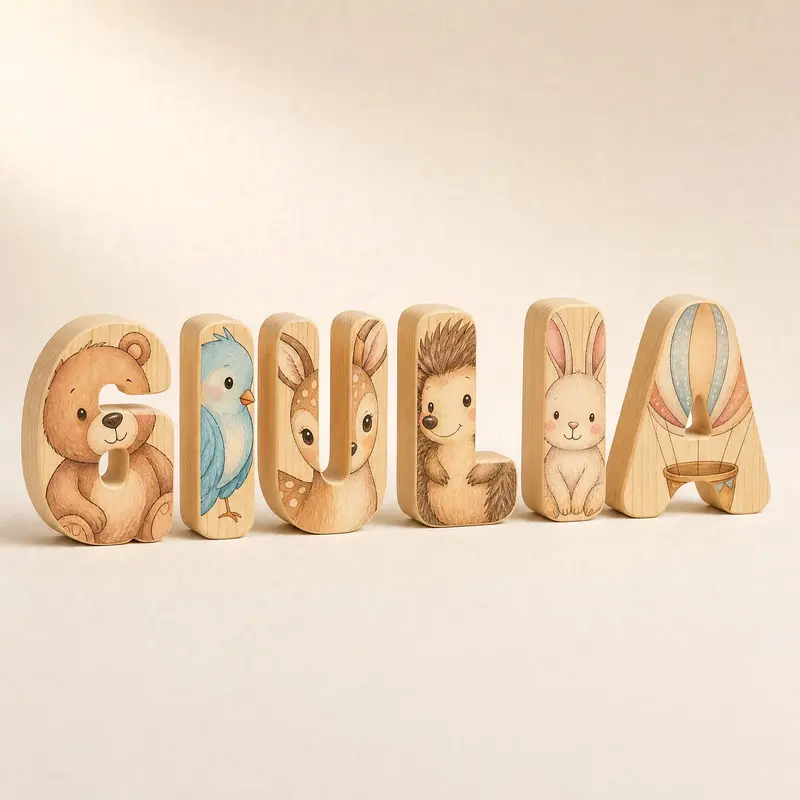 Lettere del Nome in Legno con Illustrazioni per Cameretta