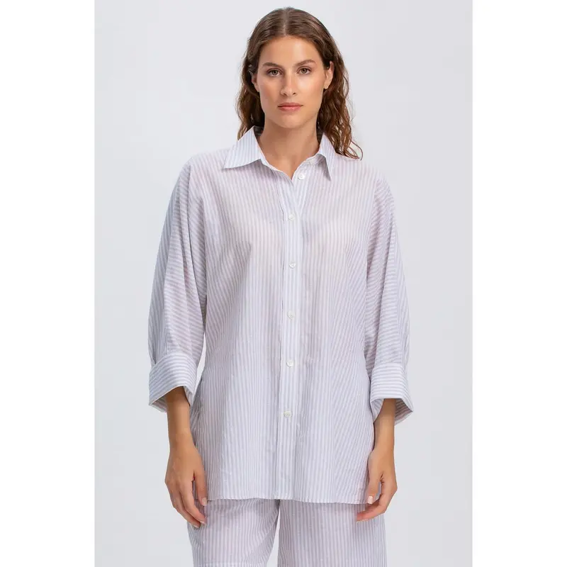 LIPARI - Camicia Oversize in Lino a Righe Grige