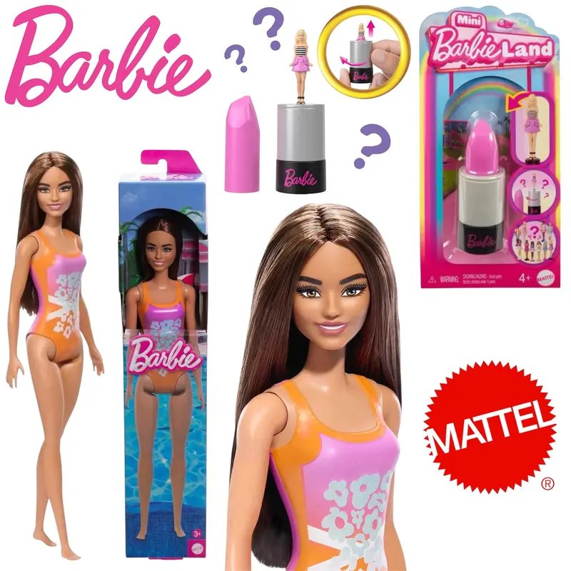 Mattel Barbie Beach Castana e Mini BarbieLand Fashionistas 3,8 cm a Sorpresa nel Rossetto