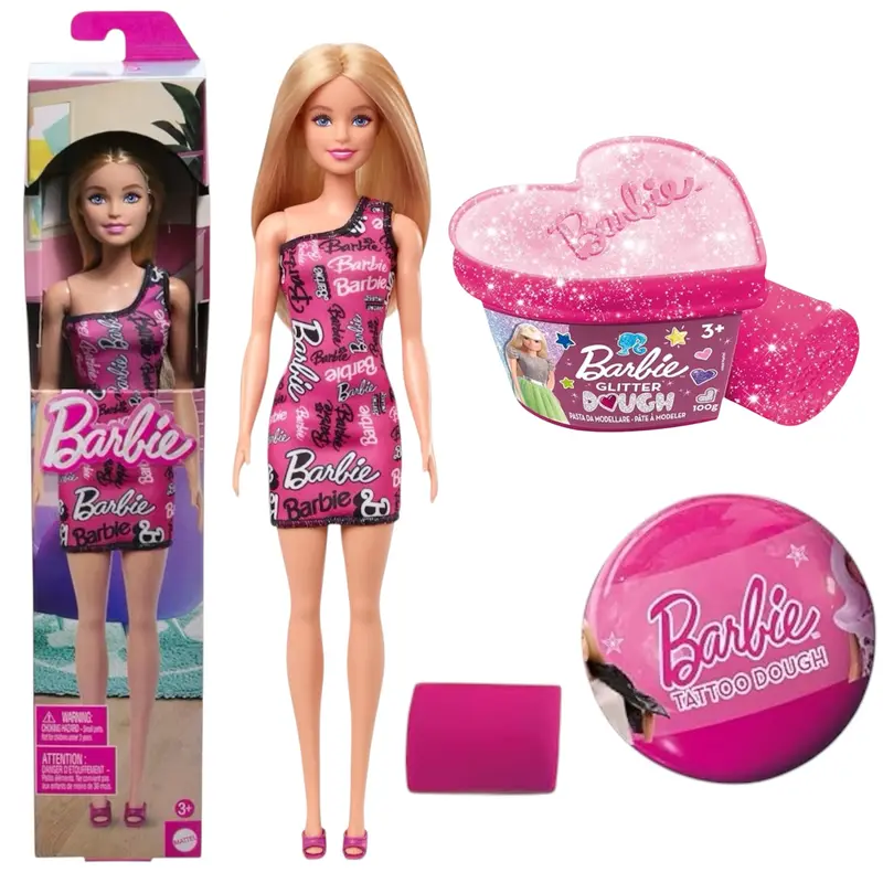 Mattel Barbie Bionda con Abito Rosa e Cuore Plastilina Glitter, Tatuaggi Barbie Colore Casuale