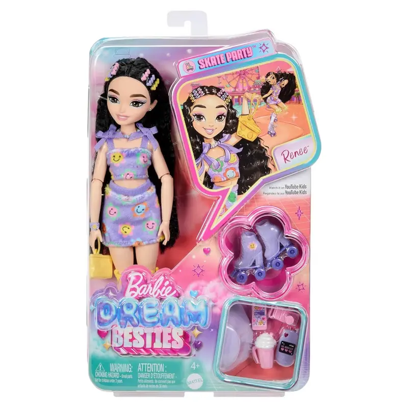Mattel Barbie Dream Besties Renee JFX99 Bambola Snodata con Capelli Neri, Pattini a Rotelle e 9 Accessori a Tema Video e Cibo, Giocattolo per Bambini 4+ Anni