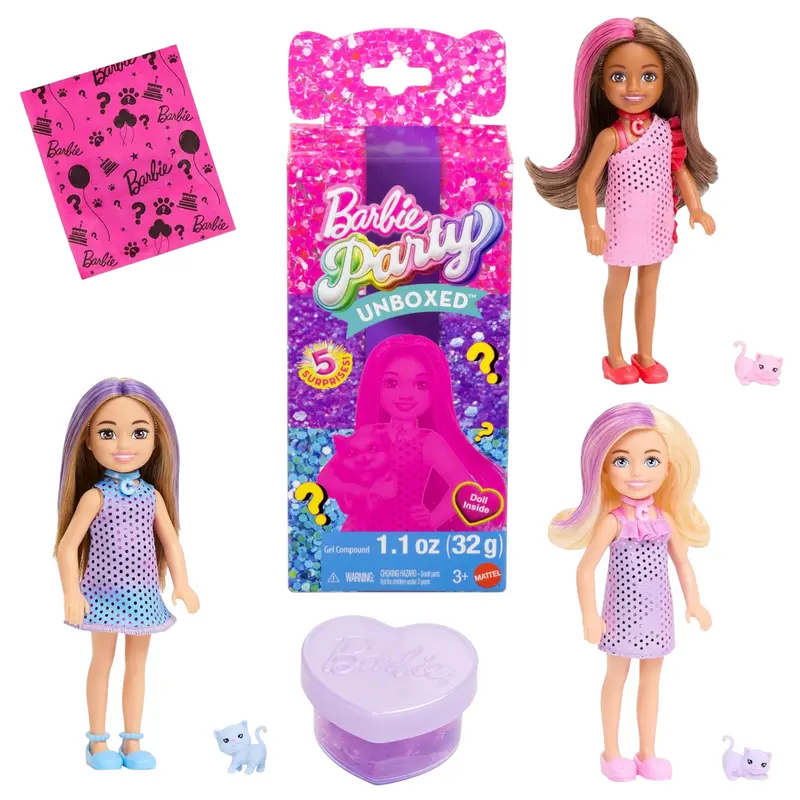 Mattel Barbie Party Surprise Chelsea Festa Glamour, set con bambola e un cucciolo, 6 sorpese con effetto cambia colore 3+ anni JFY04