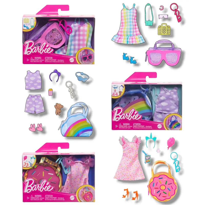 Mattel Barbie Vestiti Deluxe e Borsette Ciambella Donut, Arcobaleno e Sunglasses Set Abbigliamento Pigiama Party ed Estate