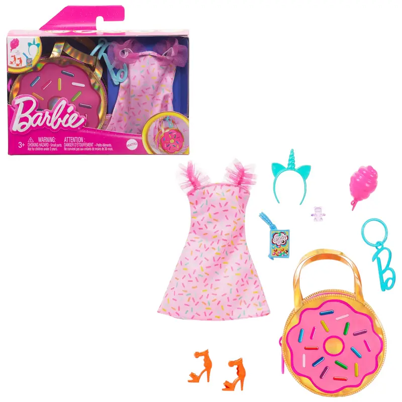 Mattel Barbie Vestiti e borsa portachiavi a ciambella deluxe con vestito rosa e accessori a tema caramelle per bambole