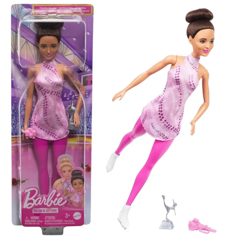 Mattel Carriere Pattinatrice con outfit rosa da pattinaggio, pattini da ghiaccio con trofeo HRG37