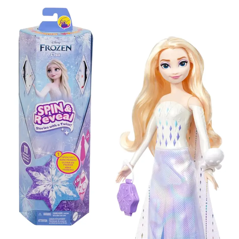 Mattel Elsa Spin & Reveal bambola con funzione Spin & Reveal, 11 sorprese da scoprire, 5 accessori e 5 adesivi inclusi, look ispirato