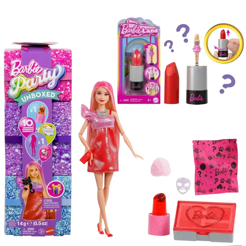 Mattel Party Surprise Rossa Brillante e Mini BarbieLand Fashionistas 3,8 cm a Sorpresa Tubetto Rossetto Rosso