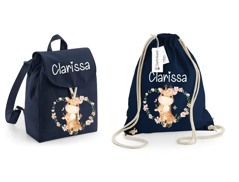 Mini Zaino in cotone e Sacca personalizzabile giraffine