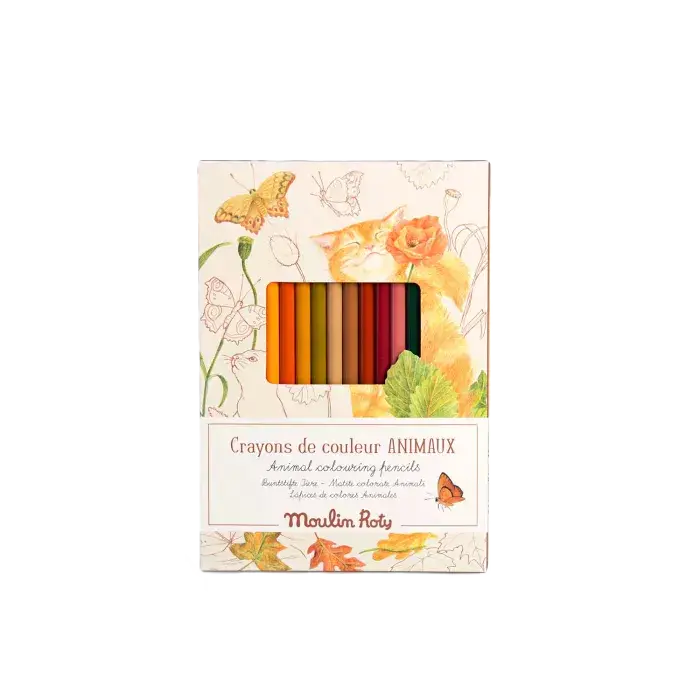 Moulin Roty Le Jardin du Moulin – Set 12 matite colorate con 3 carte da colorare animali (3+)