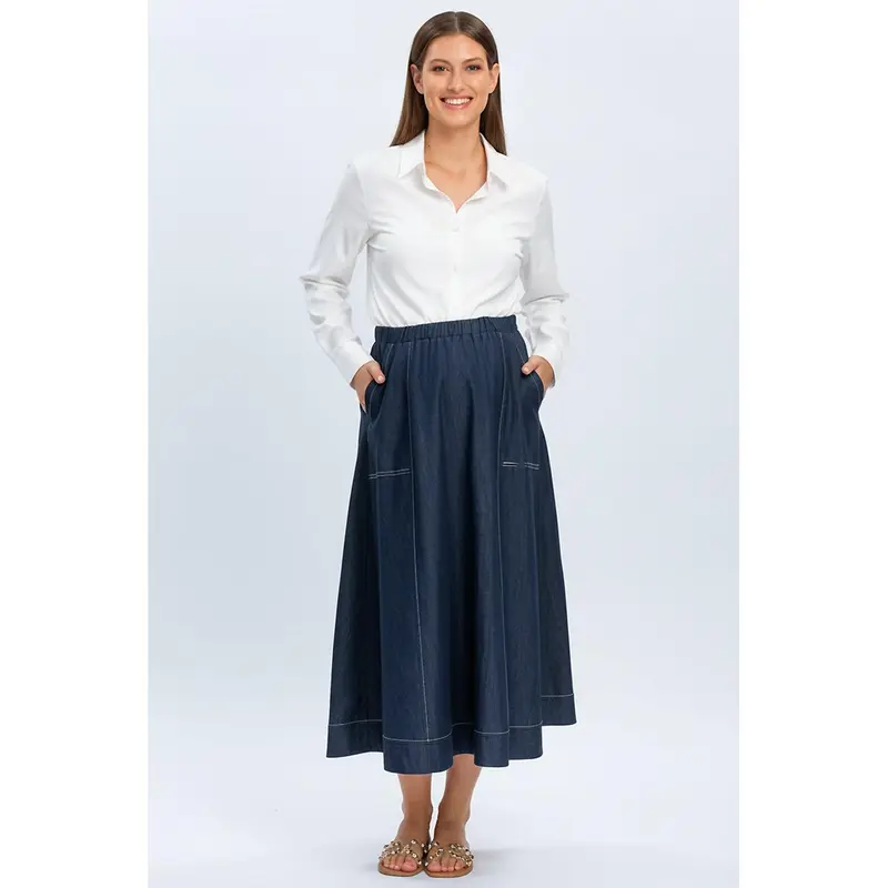 ORTHENSIA - Gonna Premaman Midi con Tasche Colore Blu Denim