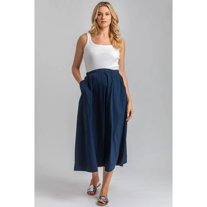 ORTHENSIA - Gonna Premaman Midi in Cotone Blu Scuro con Tasche