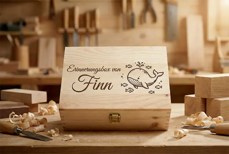 Personalisierte Erinnerungsbox aus Holz – mit Namen und Wunschmotiv