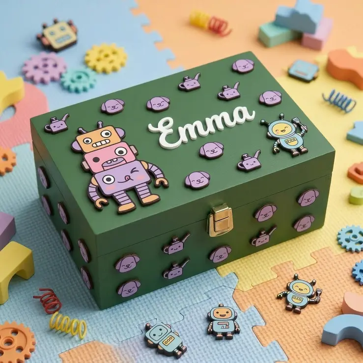 Personalisierte Erinnerungsbox Roboter aus Holz | Bimbi Unici