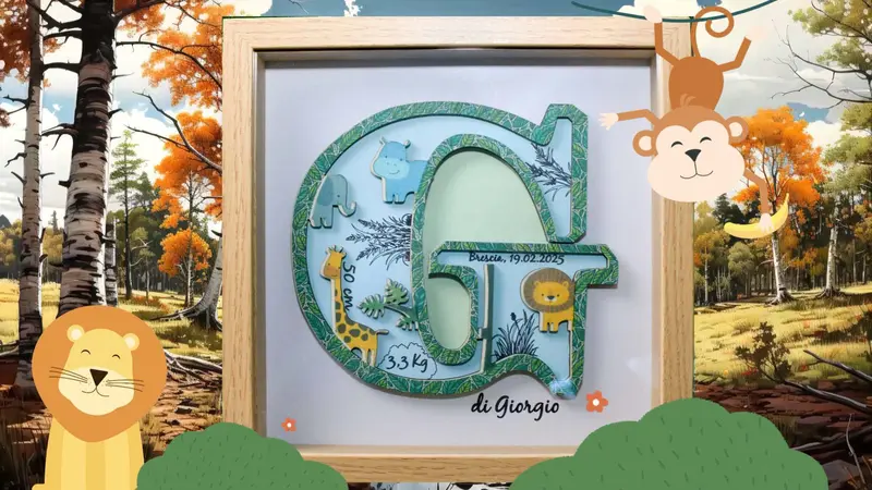 Personalisiertes Geburtsbild mit Anfangsbuchstaben – Dschungel-Motiv aus Holz