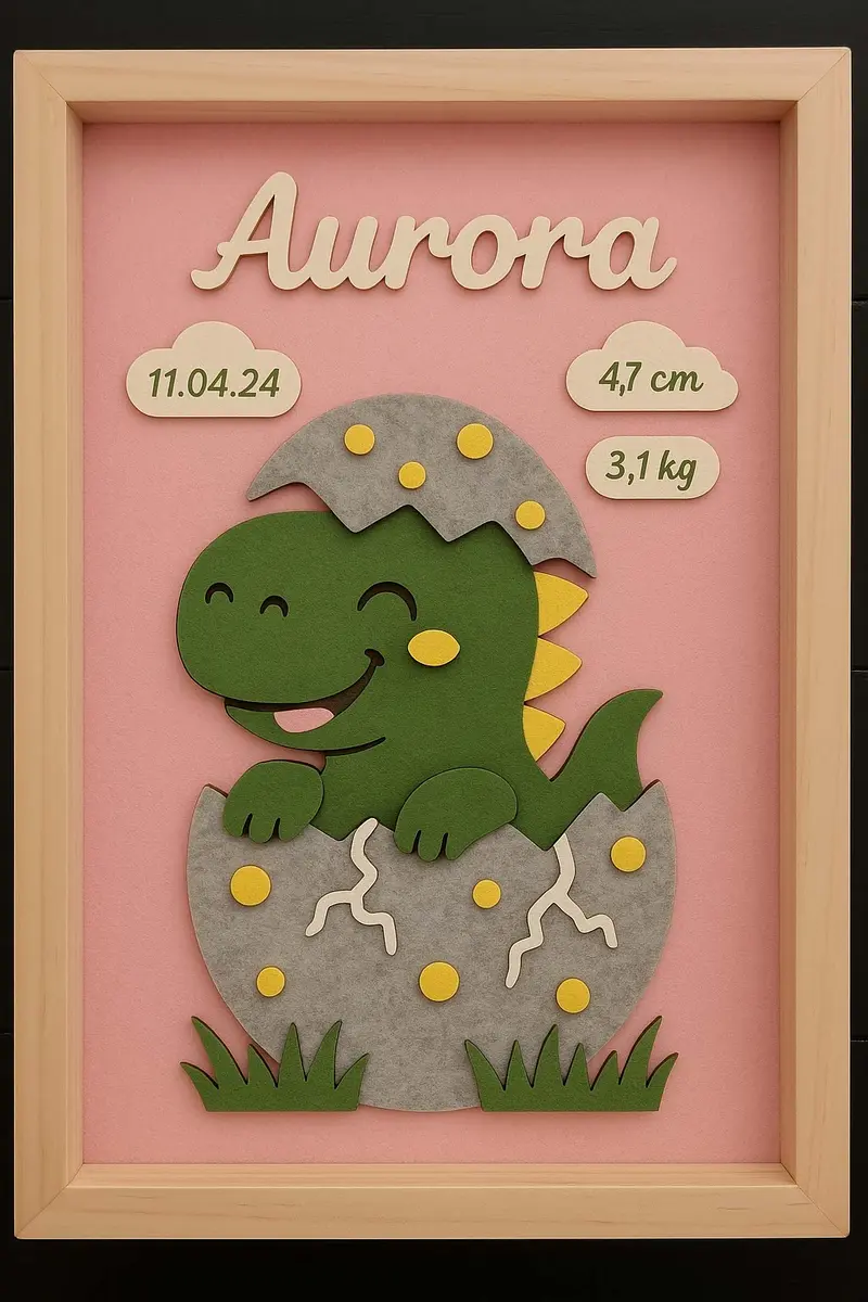 Personalisiertes Geburtsbild – schlüpfender Dinosaurier aus Filz, mit Namen